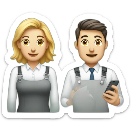 Design emoji: Man and woman in a bank with crossed-out phones, expressing "No Payees Added" for a friendly baking app screen.  sticker