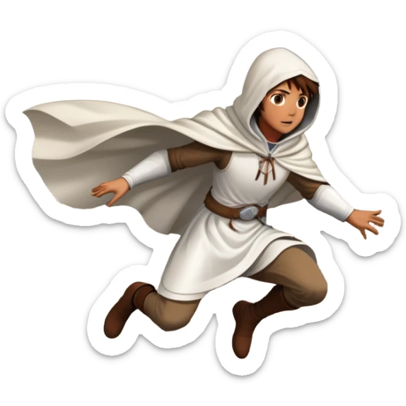 An icon featuring a hero performing a leap of faith from a tower in Florence, inspired by adventure games like Assassin's Creed. The design captures the dramatic moment mid-air, with detailed architecture and a bustling city below. Transparent background sticker