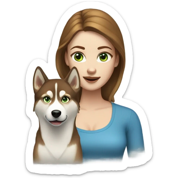 White Woman hair brown and bleus eyes and golden Husky With green eyes sticker