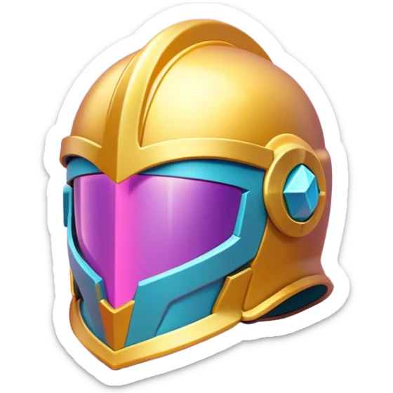 Clash of Clans aesthetic: Cinematic Playful 3D Isometric Helmet Emoji, rendered in a 3D vector-style similar to standard emojis with minimal shading and bold, simplified shapes. A compact, distinct form with signature details, softly glowing with a fantasy RPG magic charm. Simplified yet unmistakably iconic, highly detailed and consistent, glowing with a soft radiance and high shine. Stylized with a touch of heroic grandeur and a soft glowing outline, capturing the essence of a beloved gaming relic with a friendly, playful manner! sticker