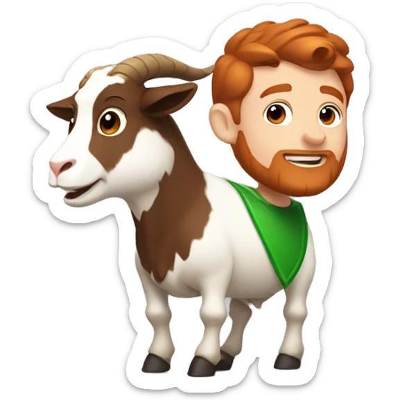 Irish superman with redish brownish hair and redish brownish beard flying next to a happy goat. sticker