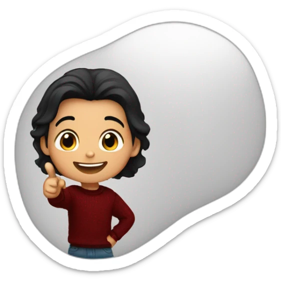 smiling and pointing 3 years old white skin indian with black hair wearing a dark red sweater sticker