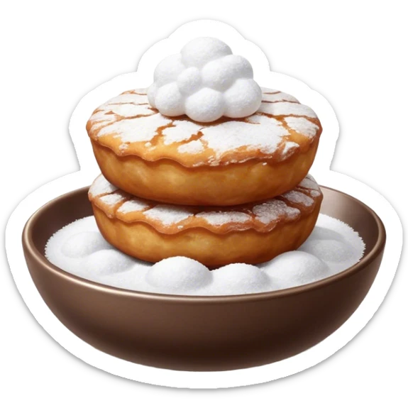 Buñuelo Cinematic Realistic Buñuelo Dessert Emoji, depicted as perfectly round, fluffy fritters served in a small bowl with a dusting of powdered sugar, rendered with vibrant textures and warm, inviting lighting. sticker