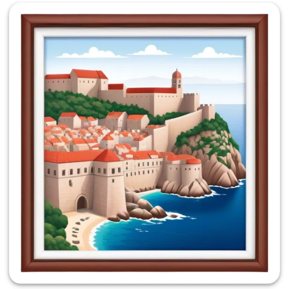 Cinematic Realistic Dubrovnik Landmark Emoji, depicted with historic fortified walls and red‚Äêtiled roofs rendered with intricate detail and dynamic, coastal lighting. sticker