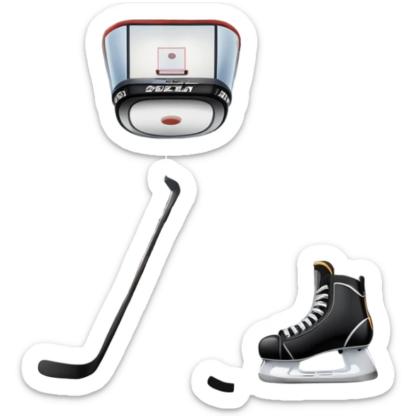 An icon featuring close-up shots of key hockey equipment: a hockey stick, puck, and skates. The background shows a packed stadium with cheering fans, bright arena lights, and an icy rink. Transparent background highlights the essentials of the game and the thrill of the sport. sticker
