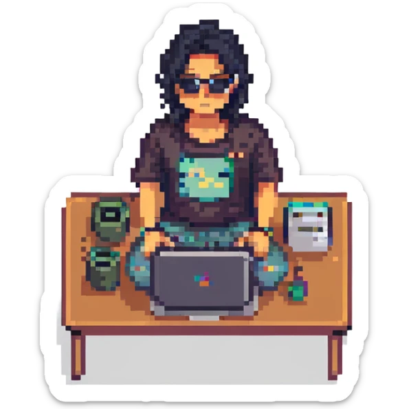 Asian man with black hair, wearing sunglasses, sitting in front of a laptop, pixel art style sticker