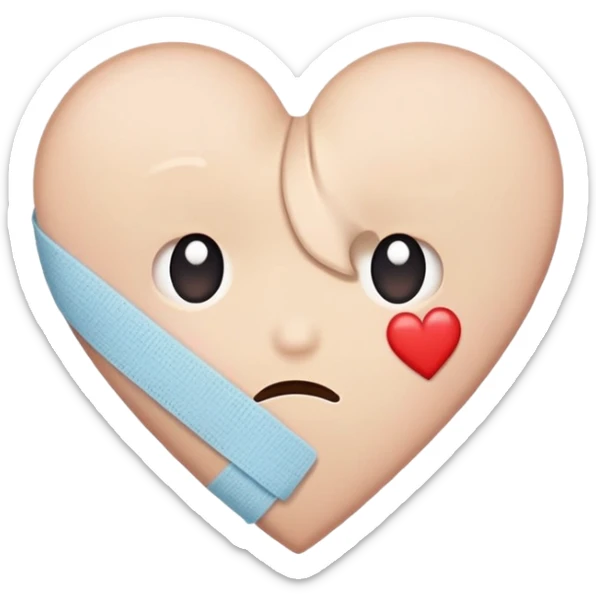 An emoji-style illustration of a broken heart with a cute bandage or patch on it. Soft colors, slightly sad but hopeful expression, in a simple and clean cartoon style sticker