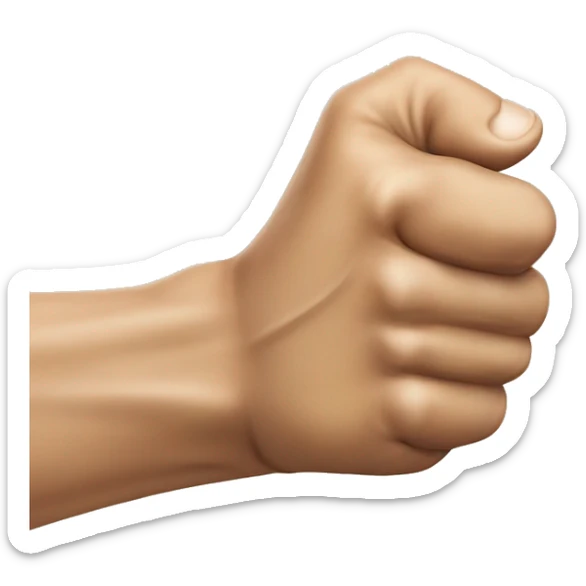 The right hand is made into a fist.
The thumb sticks out and is tucked under the fist.
With the fist tightly closed, the hand is extended forward with an exaggerated arm movement. the man sticker