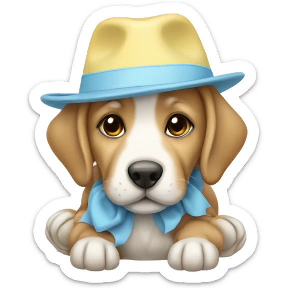 Light brown puppy with pastel blue hat and pastel yellow shoes sticker