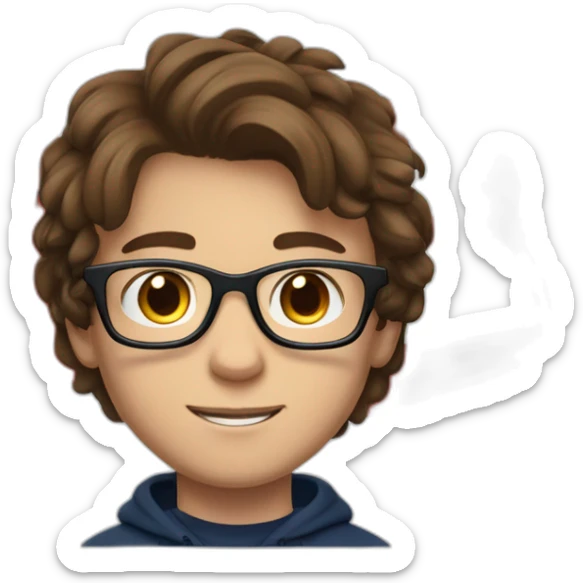 A teen with brown hair which rest on the left side of his head. He also wears black rectangular glasses. He also wears a dark blue hoodie with the letter ISZL and a swiss flag. sticker