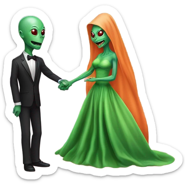 alien reptilian green skin woman, long slim pastel orange formal party satin dress with gradient shiny sparkling dark red, and caucasian man in black dres on his knees asks her to marry her sticker