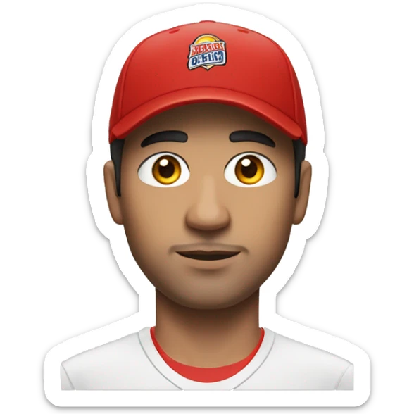 Man, male, young from about 30 to 40 years old, of Latin descent, black eye colour, with a sports t-shirt composed of red and white sticks vertically and a red cap sticker
