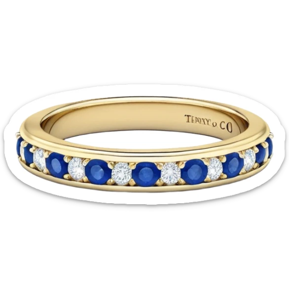 Detailed realistic sparkling Vintage Tiffany & Co. 18k Yellow Gold Vivid Blue Sapphire Half Eternity Band Ring sticker