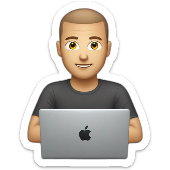 software engineer (white male, brown buzz cut hair, white gold earrings) in front of laptop, apple-style sticker
