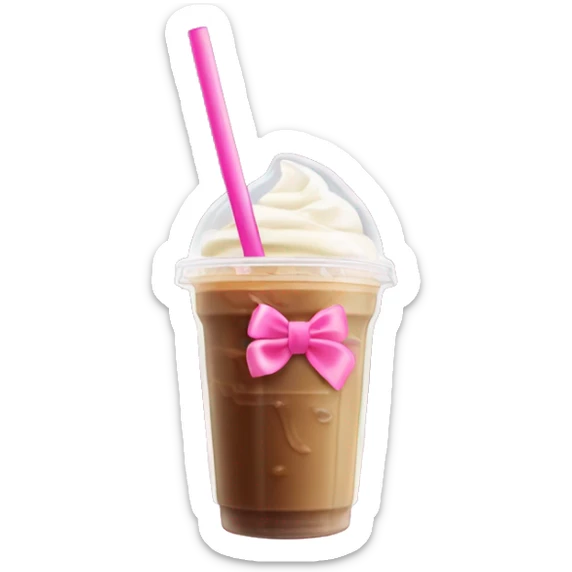 a iced coffee in a plastic up with cream blended in and a pink bow cover on the clear straw  sticker