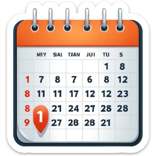 Minimalist emoji of a clean calendar page with a single bold tick and light radiating from behind it, symbolising recommitment and a fresh disciplined start. Flat vector style, transparent background sticker