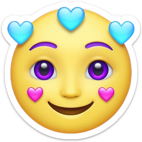 Futuristic glowing smiling face emoji with neon hearts instead of eyes, purple and blue holographic light, dark background sticker