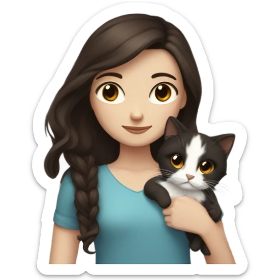 girl with dark brown hair and brown eyes. she has white skin. she is holding her brown and black cat. the cat has very scruffy fur sticker