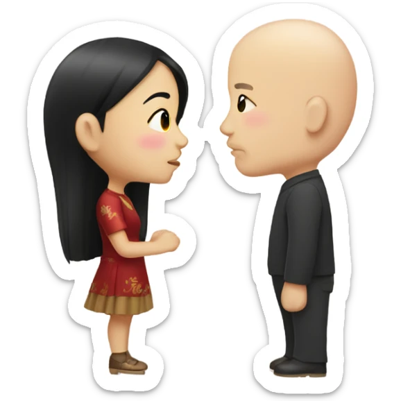 Chinese girl with dark hair kissing bald white man sticker