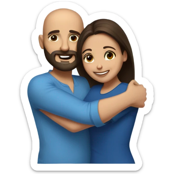 Comforting hug from brunette Puerto Rican with dark brown eyes wearing a cute blue blouse to short, bald man with brown eyes, laugh lines, and a beard sticker