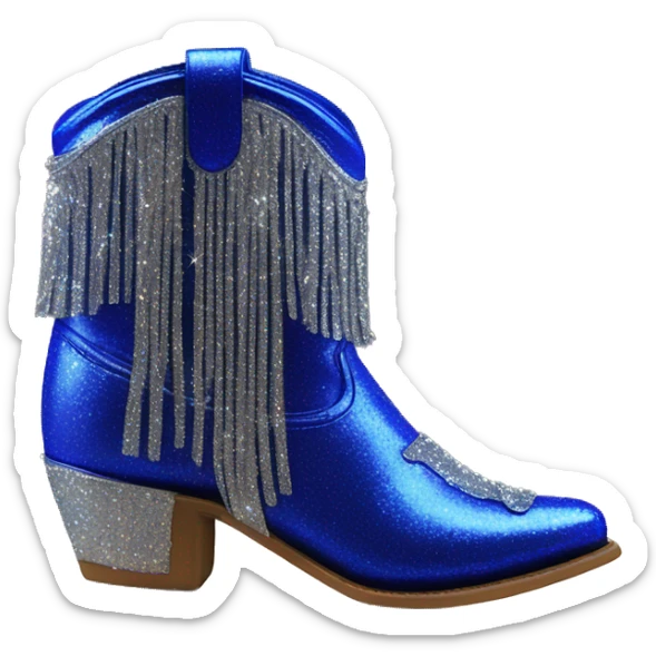 Realistic royal blue fashion cowgirl boots with sparkly shiny glitter fringe on them. sticker