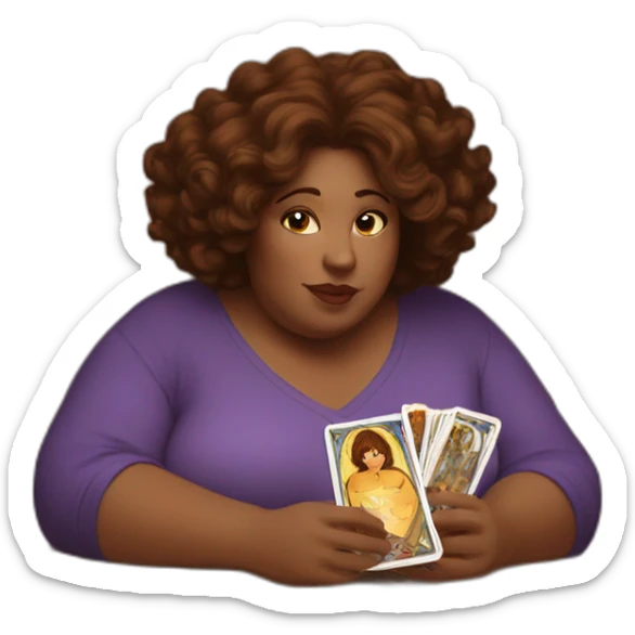 White big Woman, brown eyes, with short brown messy hair reading tarot card on a table sticker