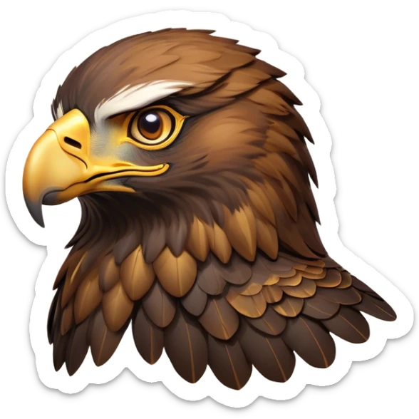 Cinematic Noble Golden Eagle Portrait Emoji, Poised and majestic, with a powerful, broad build, regal hooked beak, and piercing, intense eyes set against richly golden-brown plumage, Simplified yet sharp and sophisticated features, highly detailed, glowing with a soft, amber radiance, high shine, intelligent and commanding, stylized with an air of aerial supremacy, focused and determined, soft glowing outline, capturing the essence of a watchful and confident golden eagle that appears ready to soar out of the screen with effortless authority! sticker