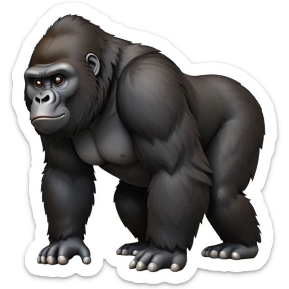 cinematic-gorilla-realistic-full-body-on all fours-emoji,-exuding-strength,-thick-dark-fur-in-the-light,-head-tilted-dramatically,-deep-dark-eyes-filled-with-intense-intelligence,-simplified-yet-realistic-focused-features,-highly-detailed,-glowing-with-an-almost-sarcastic-glow sticker