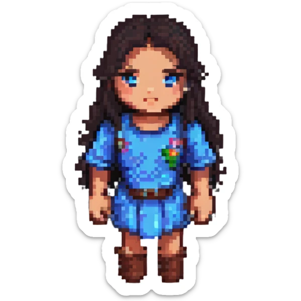 young woman with dark hair and medium skin, pixel art style, 8-bit style, blocky pixels sticker