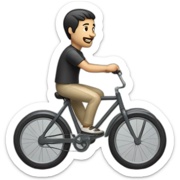 white skin men with short black hair riding a funny and miniature toy bicicle sticker