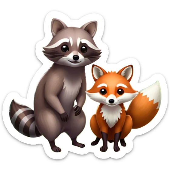 raccoon and a fox among a colorful forest with vibrant green trees, bushes and flowers. The animals are in the foreground, surrounded by a lush, bright forest, with soft sunlight filtering through the leaves. A playful photo-realistic and wild scene with a transparent background. sticker