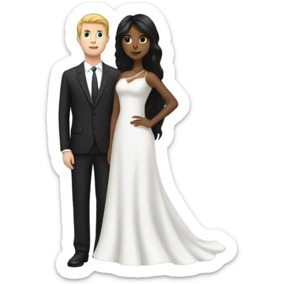brown girl with long black hair and white boy with black hair wedding sticker