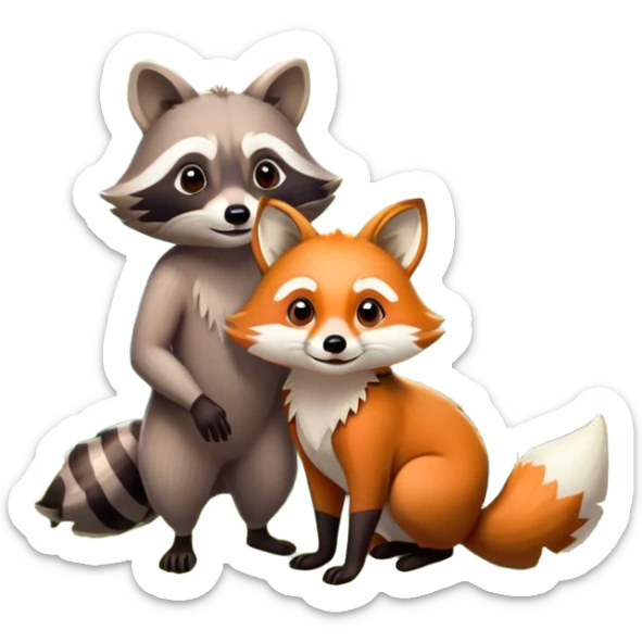 Collage of a raccoon and a fox, in close-up, set in a beautiful forest with tall trees, green bushes, and sunlight filtering through the leaves. Both animals look curious and playful. A vibrant, wild atmosphere with a transparent background. sticker