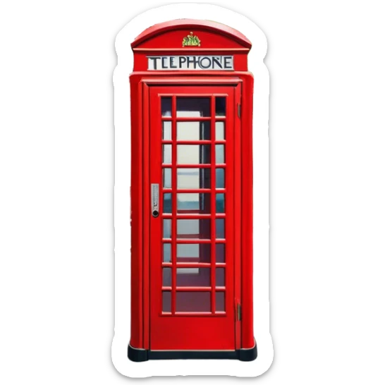 Cinematic Realistic depiction of an iconic red telephone box, rendered in vivid, saturated colors with detailed textures and reflective surfaces, set on a classic English street under soft, diffused daylight sticker
