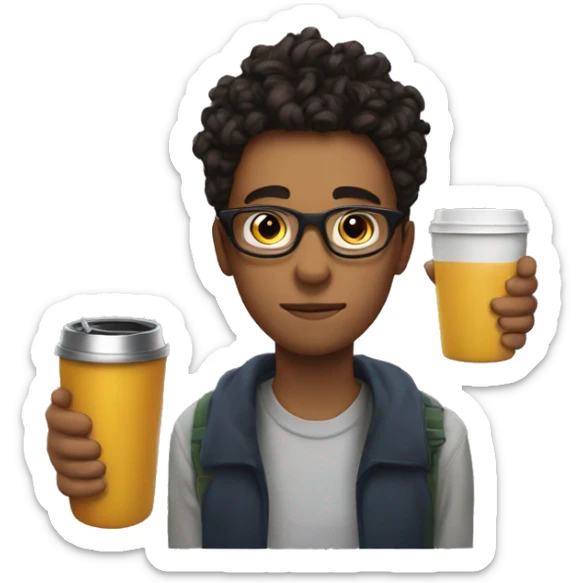 Young man with glasses and a man bun haircut drinking mate with one hand and a thermos in the other hand sticker