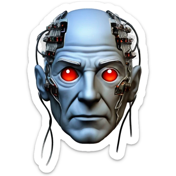 Jean luc picard from Star Trek assimilated by the Borg, with mechanical metal covering the left side of his face, with wires and a red light on the left side. His eyes are blue sticker