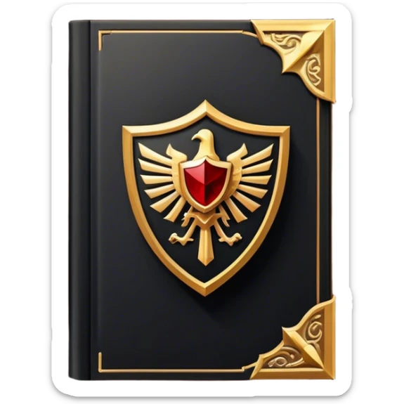 Un libro negro mate con detalles en dorado profundo o rojo oscuro, irradiando una sombra poderosa, con un símbolo de escudo, y una ligera aura de calor, reflejando el poder de vivir sin miedo.  sticker
