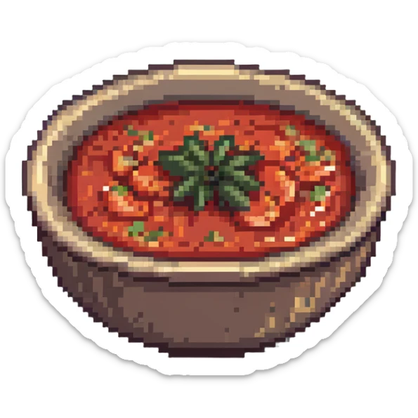 pixel art bowl of red tomato chutney with garlic sticker