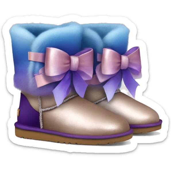 Realistic pair of blue ,purple,and taupe  ombre grunge Ugg fur boots with rose gold silk ribbon bows. sticker
