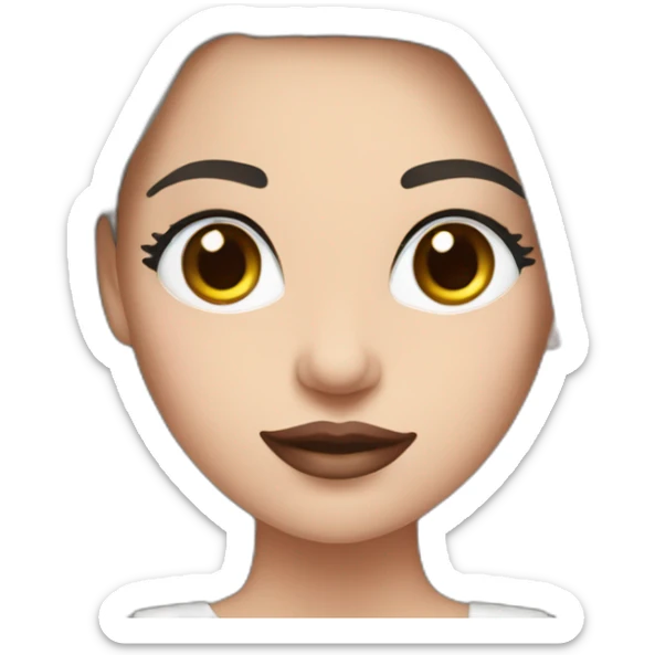 Women with long dark brown straight hair and long eyelashes, blue eyes, pink lips and thick dark brown eyebrows wearing a white dress sticker