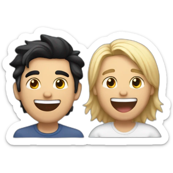 Gay couple, 1 guy Latino black straight hair and 1 Australian white guy with blonde slightly curly hair laughing full body and a cat as a pet sticker