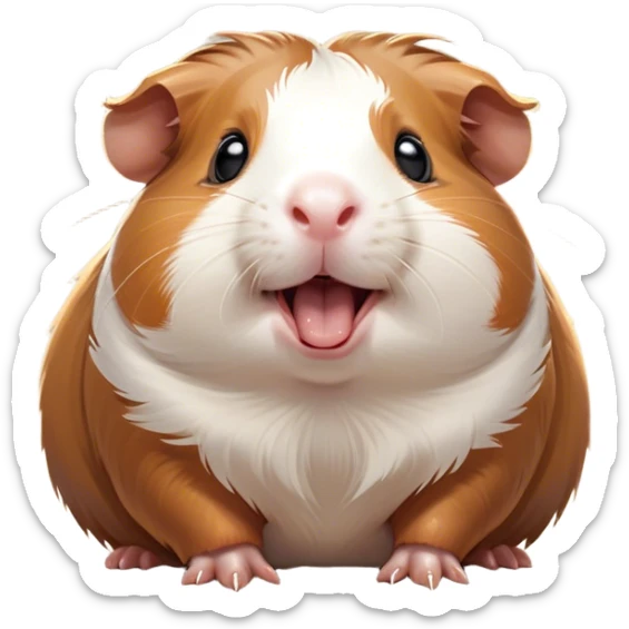 Cinematic Cute Yawning Brown and White Banded Guinea Pig Portrait Emoji, Head tilted slightly with a dramatic, wide-open yawn, revealing a soft, banded coat of brown and white with tiny, droopy ears, round dark eyes barely open in drowsy contentment, Simplified yet irresistibly adorable features, highly detailed, glowing with a soft, cozy glow, high shine, relaxed yet expressive, stylized with a touch of whimsy, bright and endearing, soft glowing outline, capturing the essence of a sleepy yet affectionate guinea pig, so drowsy it feels like it could stretch out of the screen and curl up for a nap! sticker