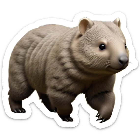 cinematic-stout wombat-realistic-fluffy full-body-waddling-emoji,-stout-muscular-frame-covered-in-coarse-brown-fur,-short-powerful-legs-trotting-determinedly-through-bushland,-round-dark-eyes-filled-with-calm-confidence,-tiny-rounded-ears-twitching-slightly,-strong-digging-claws-visible-on-sturdy-paws,-simplified-yet-realistic-focused-features,-highly-detailed,-glowing-with-a-subtle-earthy-glow sticker