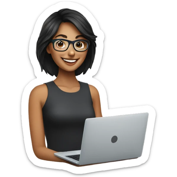 Dark hair girl with optical glasses and laptop smiling wide sticker