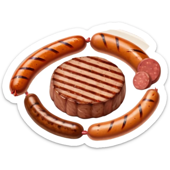 Meat dishes avatar in clean emoji-style illustration. Steak, roasted meat, and sausages, rich brown and red tones, simple shapes, flat design, hearty and appetizing. sticker