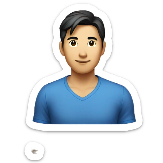 Asian man in blue shirt, dark medium length  hair, standing in a shipping box sticker