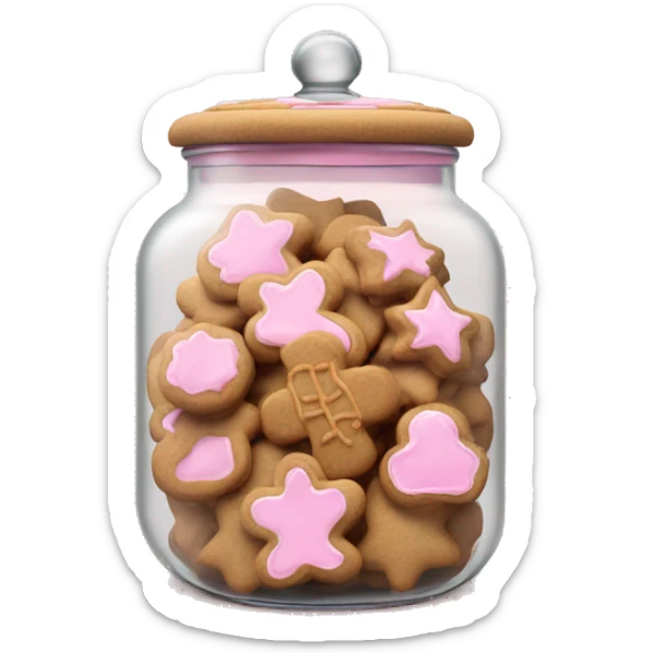 Realistic glass cookie jar with light pink lid full of gingerbread cookies isolated.  sticker