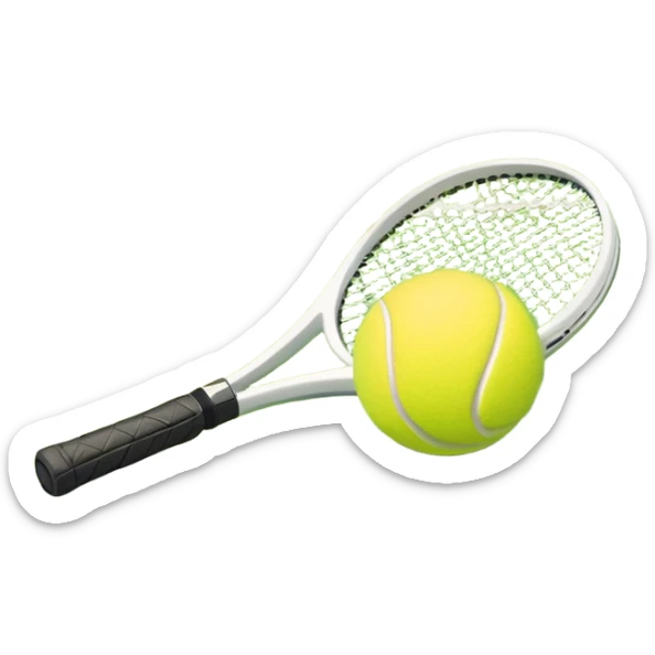 A tennis racket with a bright yellow tennis ball resting on it, set against the backdrop of a well-maintained tennis court. The scene emphasizes the smooth lines of the court and the focus on the ball and racket, symbolizing the elegance and precision of the sport sticker