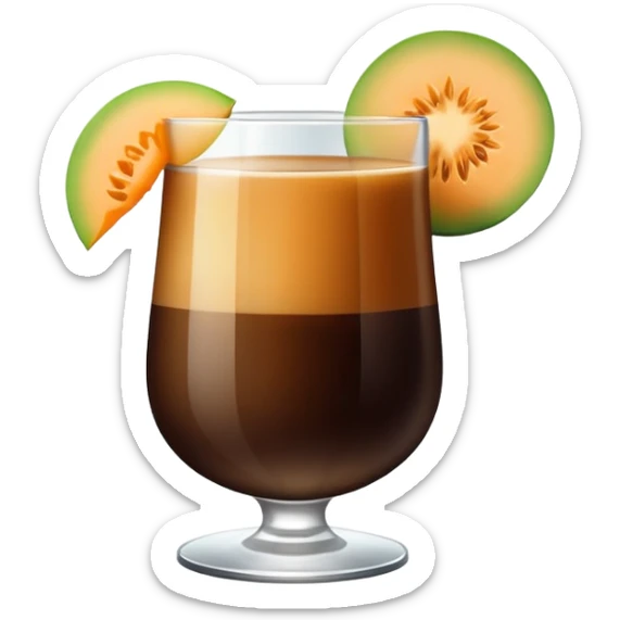 dark coffee carajillo drink in a glass with a slice of cantaloupe melon on the side sticker