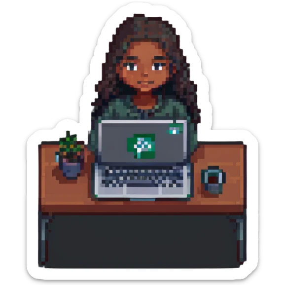 dusky-skinned girl working on an HP laptop, pixel art style emoji, similar to WhatsApp emoji style sticker